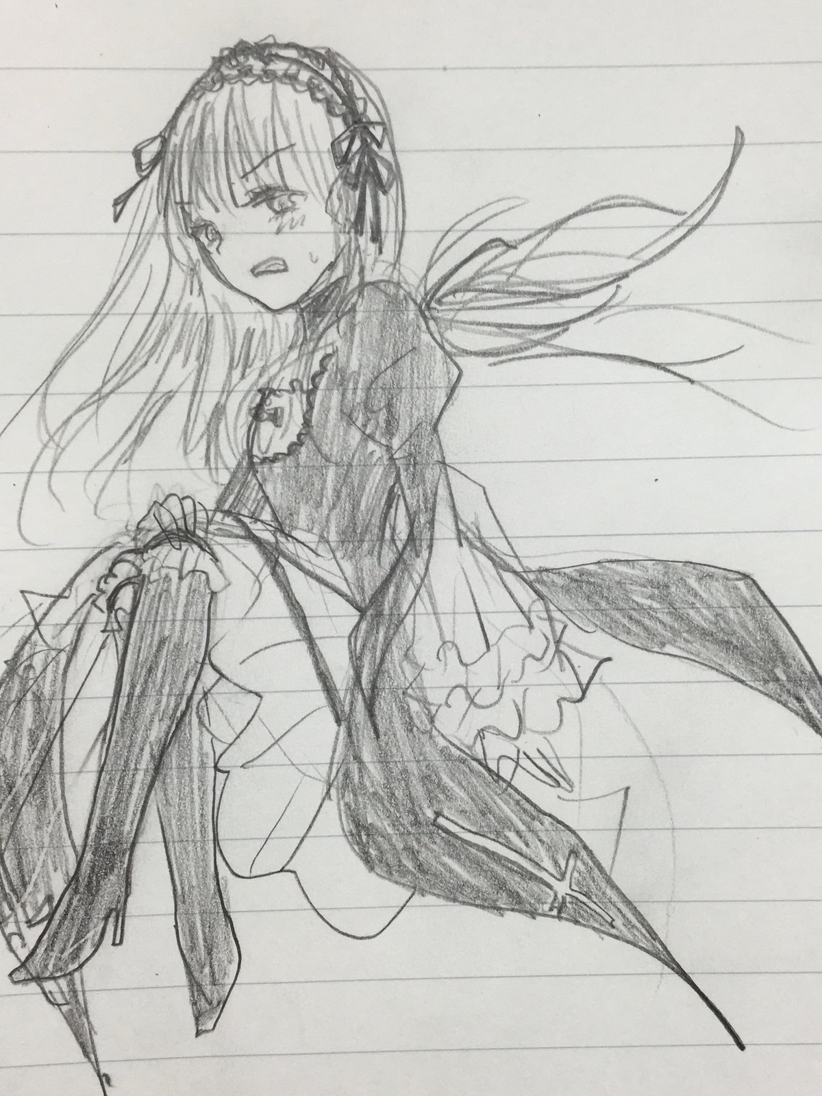 1girl boots dress frills greyscale hairband image lolita_hairband long_hair long_sleeves looking_at_viewer monochrome open_mouth solo striped suigintou tears traditional_media vertical_stripes wings