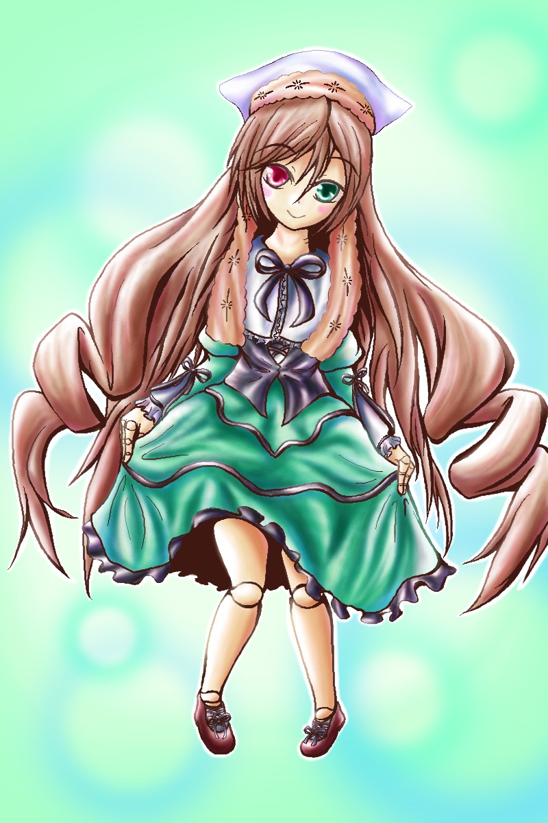 1girl brown_hair doll_joints dress drill_hair frills full_body green_dress green_eyes hat heterochromia image joints long_hair long_sleeves looking_at_viewer red_eyes shoes smile solo suiseiseki twin_drills very_long_hair white_legwear