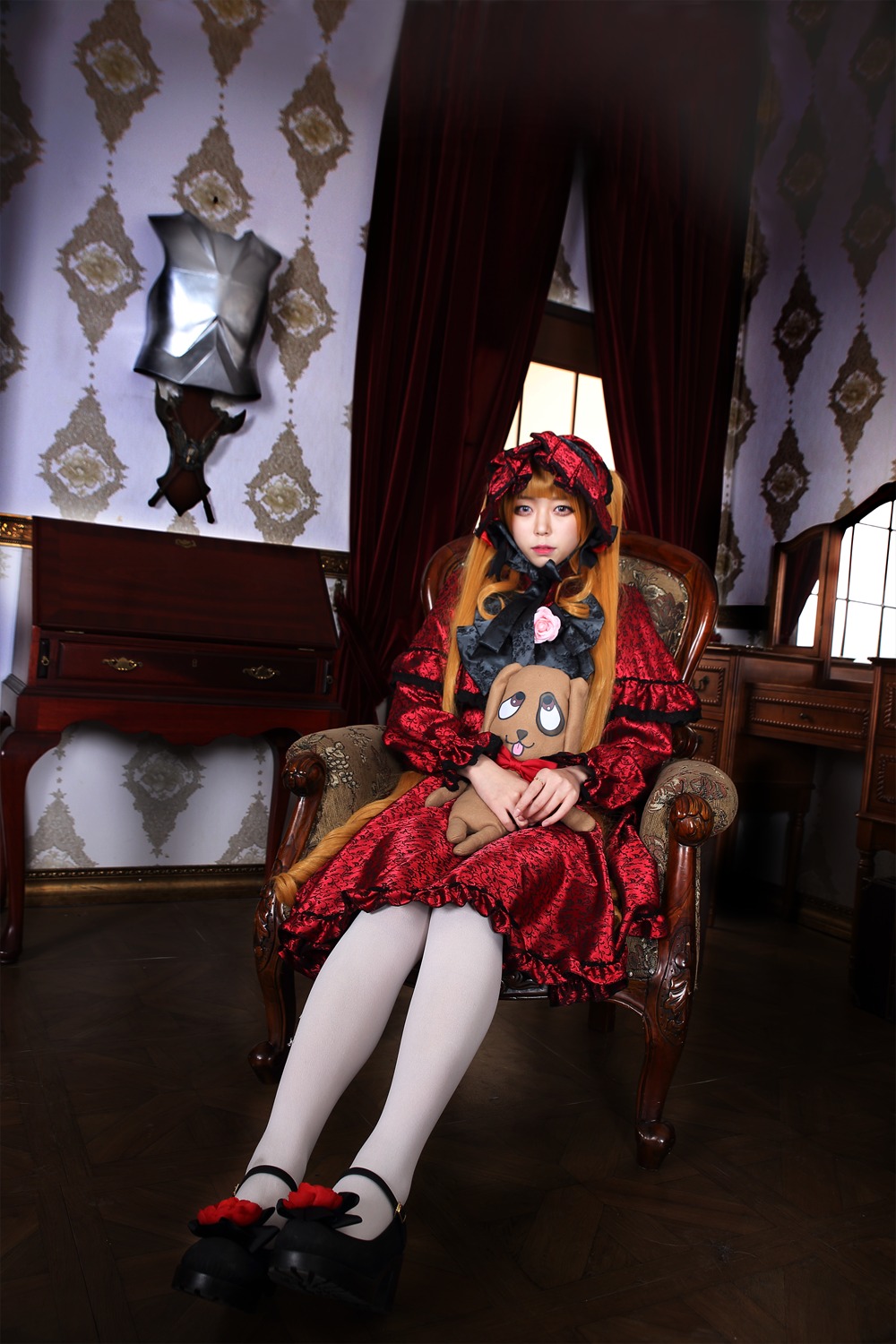 1girl curtains dress hat lolita_fashion mary_janes shinku shoes sitting solo stuffed_animal teddy_bear white_legwear window