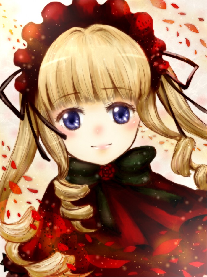 1girl blonde_hair blue_eyes blush bonnet bow drill_hair flower image long_hair looking_at_viewer petals rose rose_petals shinku smile solo twintails