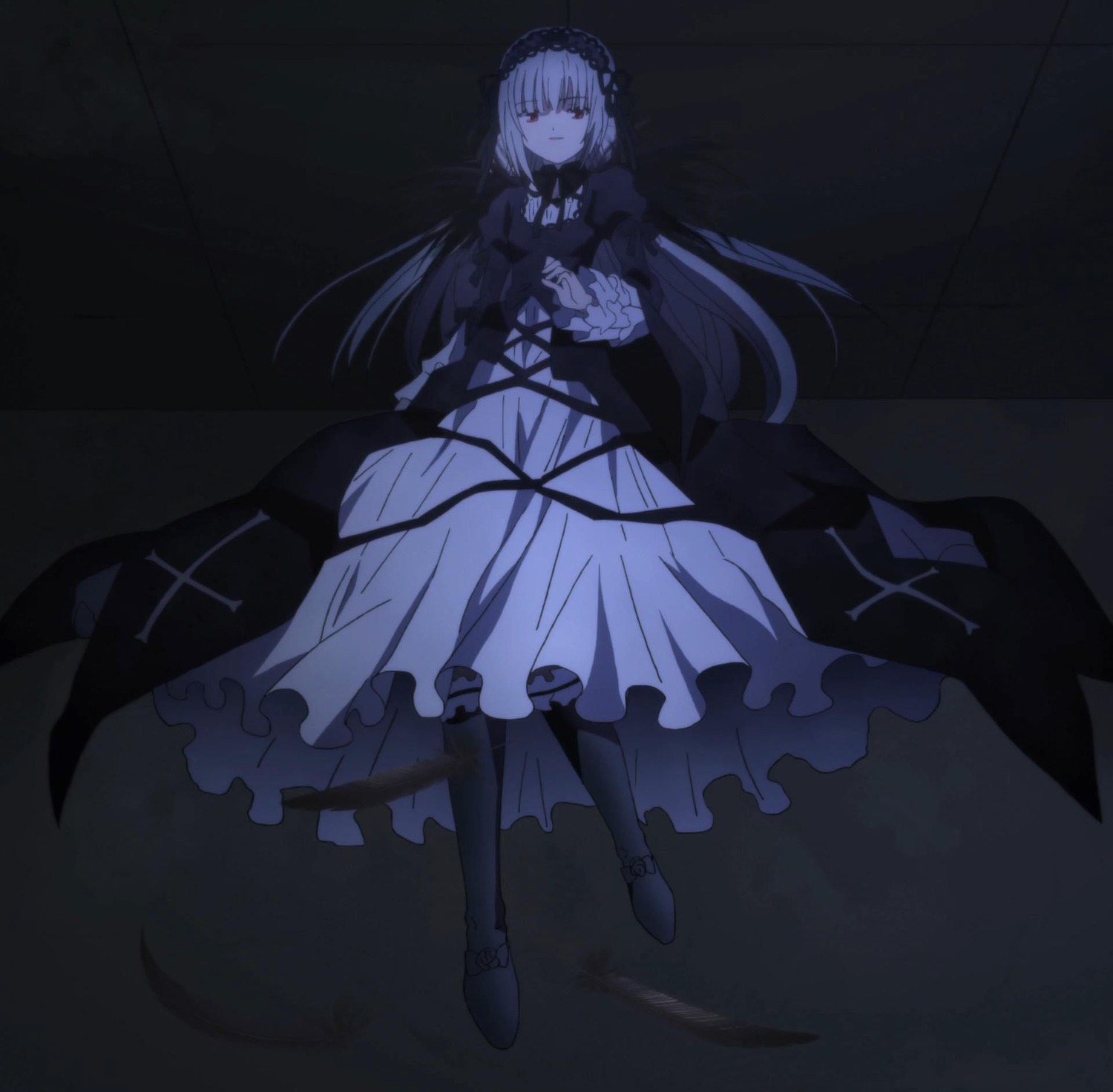 1girl dress frills full_body hairband image lolita_hairband long_hair long_sleeves looking_at_viewer red_eyes rose silver_hair solo suigintou wings