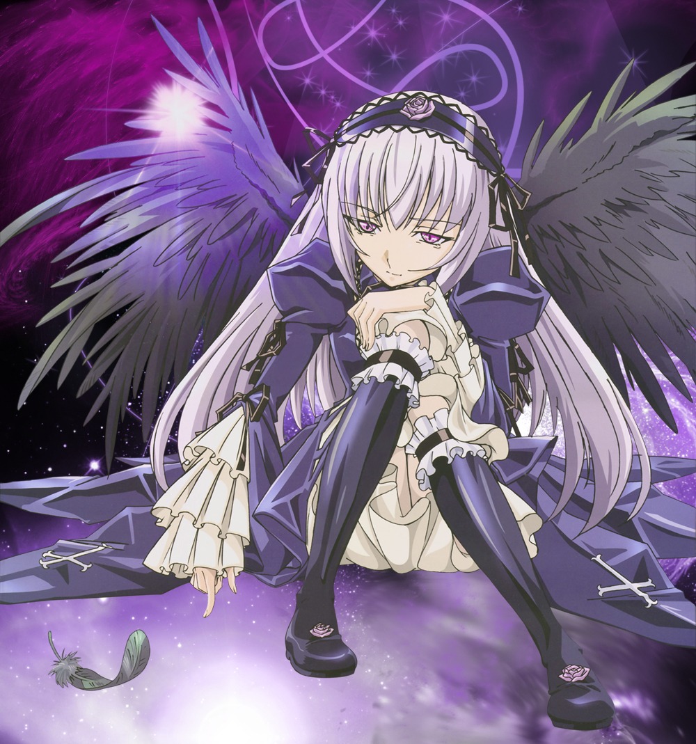 1girl black_wings boots dress feathers frilled_sleeves frills hairband image long_hair long_sleeves looking_at_viewer ribbon rose silver_hair sitting solo suigintou wings