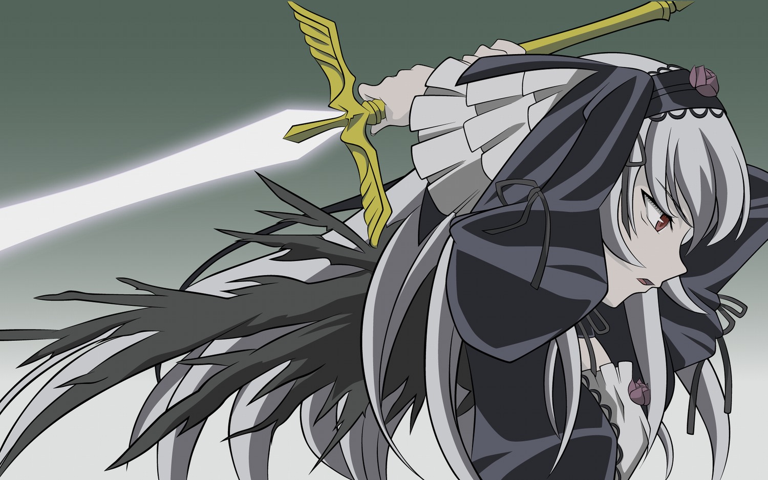 1girl bangs black_dress black_wings dress frills grey_background highres holding holding_weapon image long_hair long_sleeves profile red_eyes ribbon rozen_maiden silver_hair solo suigintou sword upper_body vector_trace very_long_hair weapon wings