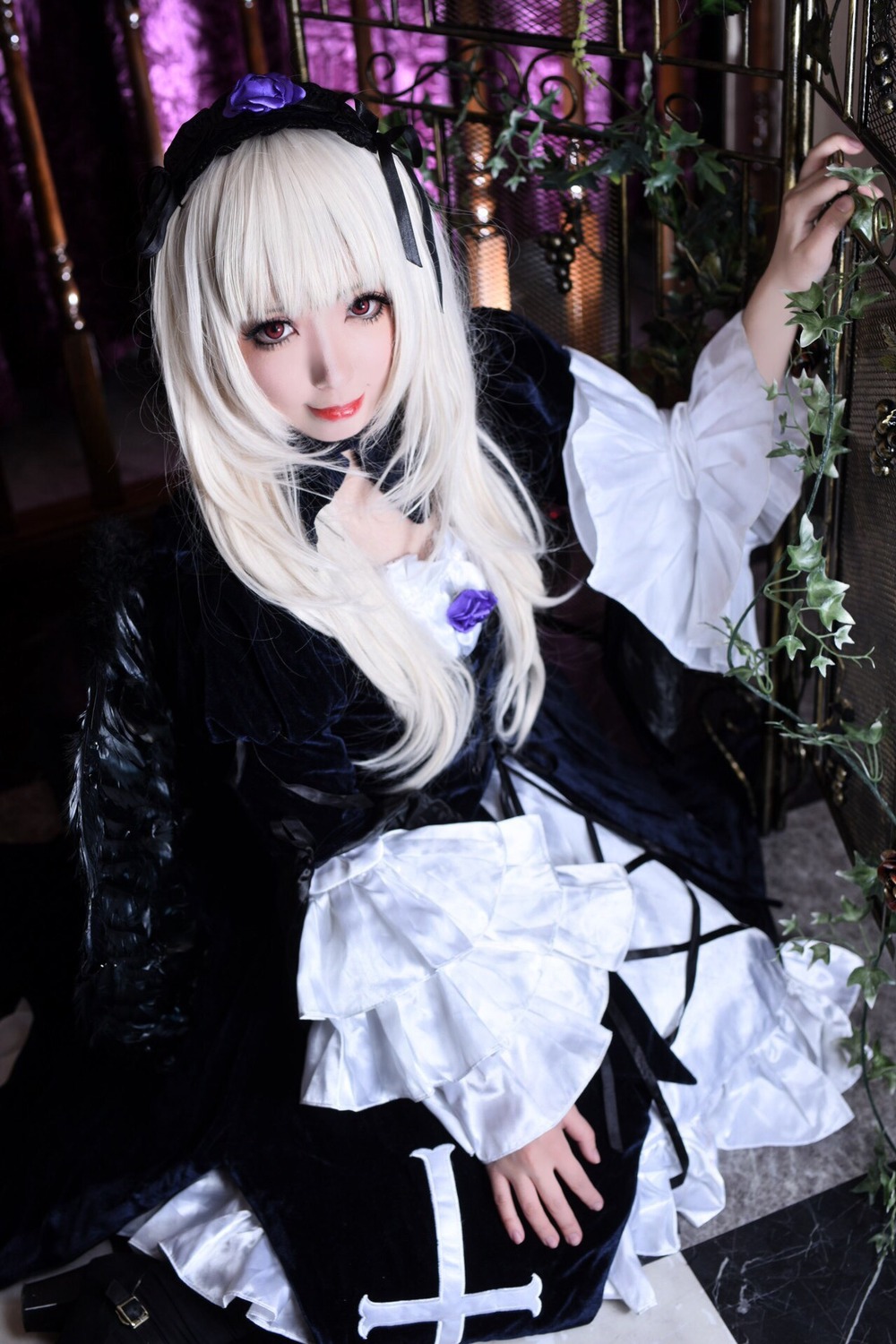 1girl black_dress dress flower frills gothic_lolita hairband lolita_fashion long_hair long_sleeves looking_at_viewer nail_polish red_eyes rose solo suigintou white_hair