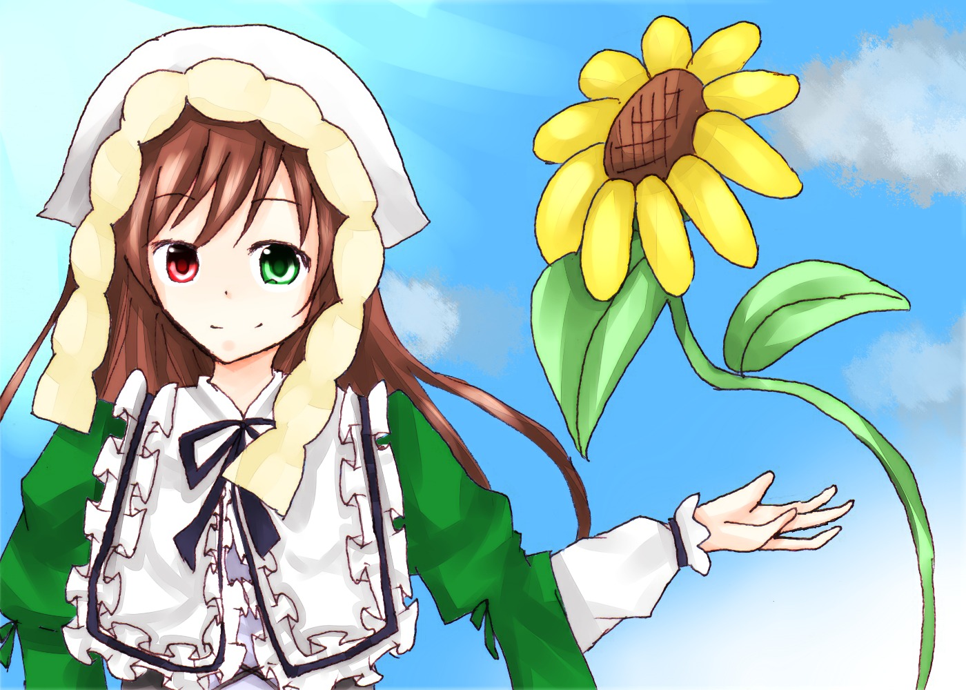 1girl brown_hair cloud day dress flower frills green_dress green_eyes hat head_scarf heterochromia image long_hair long_sleeves looking_at_viewer outdoors plant red_eyes sky smile solo suiseiseki sunflower very_long_hair watering_can