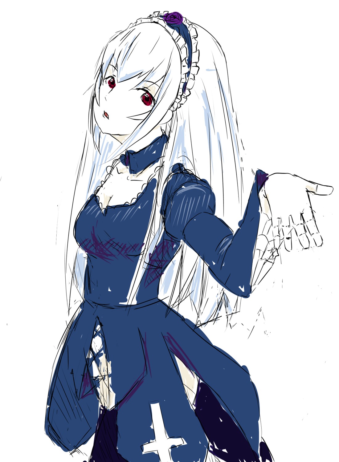 1girl blue_dress breasts choker cleavage dress eyebrows_visible_through_hair hairband image long_hair long_sleeves looking_at_viewer medium_breasts pale_skin red_eyes sketch solo suigintou white_background