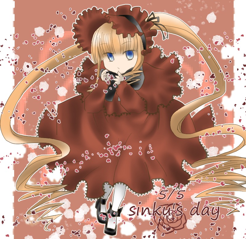 1girl blonde_hair blue_eyes bonnet bow cup dress flower image long_hair long_sleeves red_dress rose shinku shoes solo teacup twintails very_long_hair