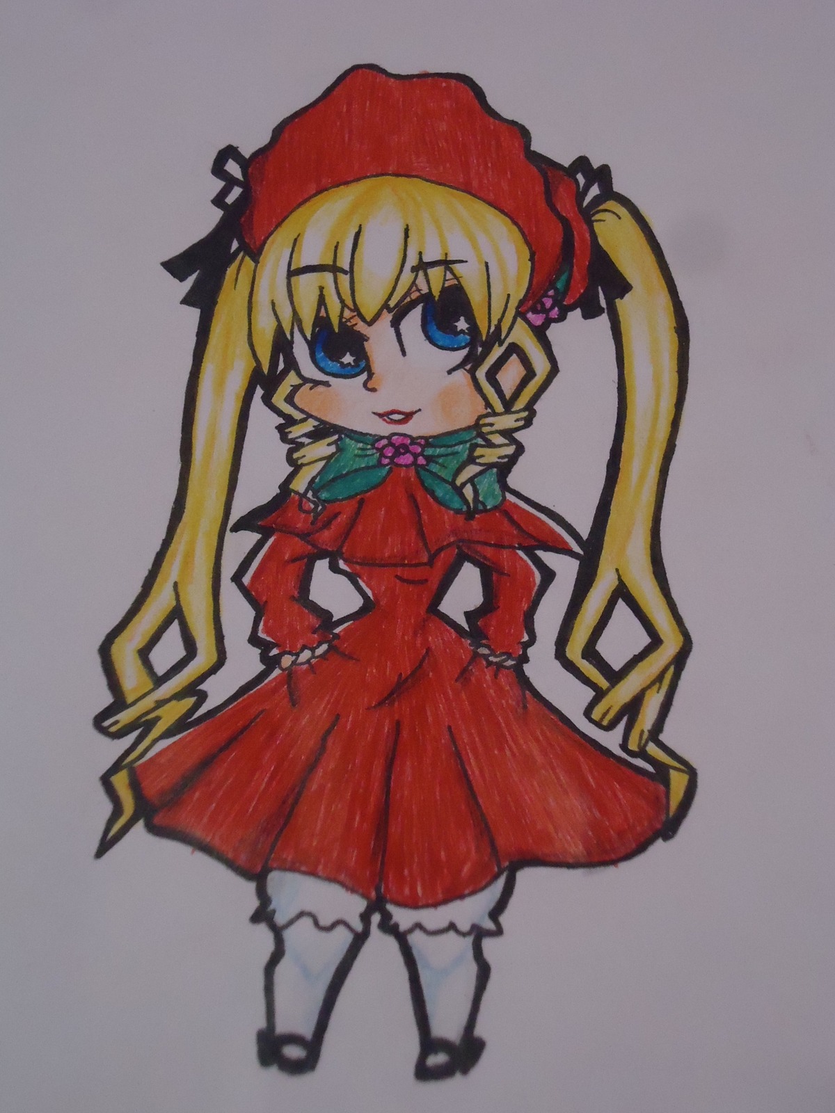 1girl blonde_hair blue_eyes bonnet bow bowtie dress flower full_body image long_hair long_sleeves looking_at_viewer marker_(medium) photo red_dress rose shinku shoes simple_background solo standing traditional_media twintails white_legwear