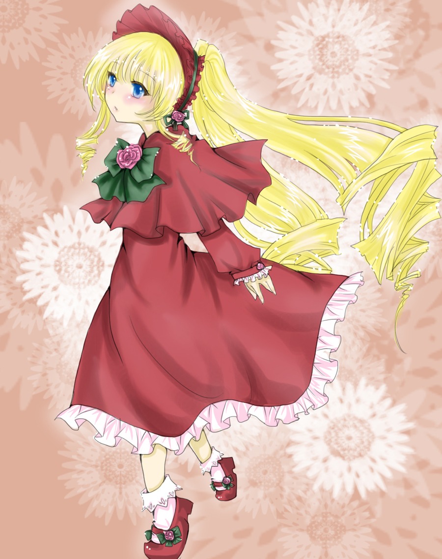 1girl blonde_hair blue_eyes blush bonnet bow bowtie capelet dress drill_hair full_body green_bow image long_hair long_sleeves red_capelet red_dress shinku shoes solo standing twin_drills twintails