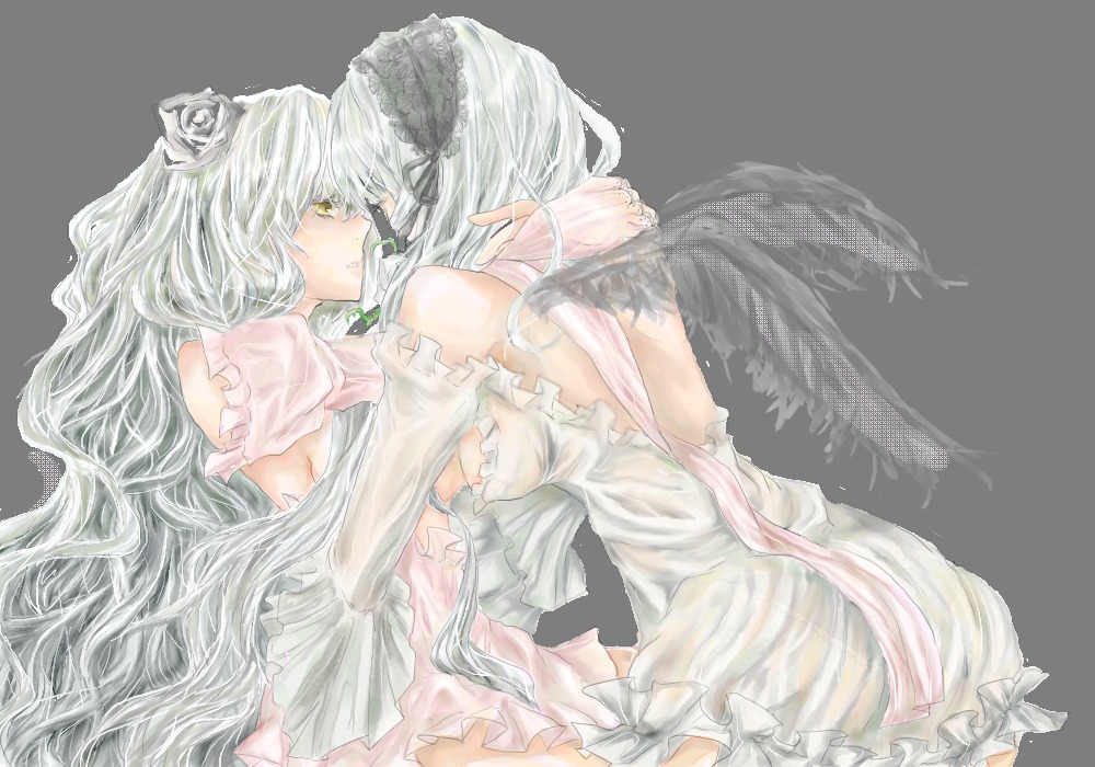 2girls black_wings dress green_eyes image kirakishou long_hair multiple_girls pair silver_hair suigintou very_long_hair wings yuri