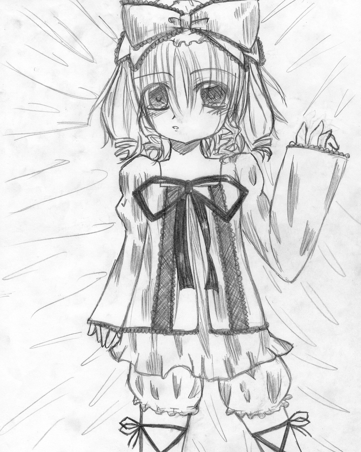 1girl bare_shoulders bed_sheet bloomers blush bow drill_hair greyscale hair_bow hinaichigo image long_sleeves looking_at_viewer lying monochrome on_back on_bed short_hair solo traditional_media underwear