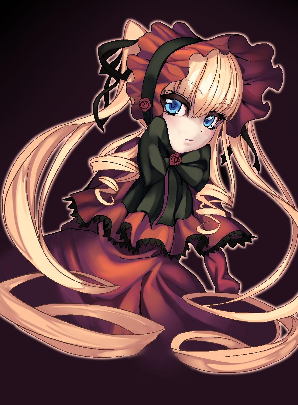 1girl black_background blonde_hair blue_eyes bow bowtie capelet dress flower image long_hair long_sleeves looking_at_viewer red_dress rose shinku simple_background solo twintails very_long_hair