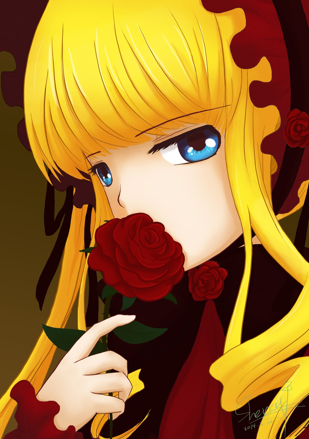 1girl bangs blonde_hair blue_eyes bow flower hat image long_hair looking_at_viewer pink_rose red_flower red_rose rose shinku signature simple_background solo