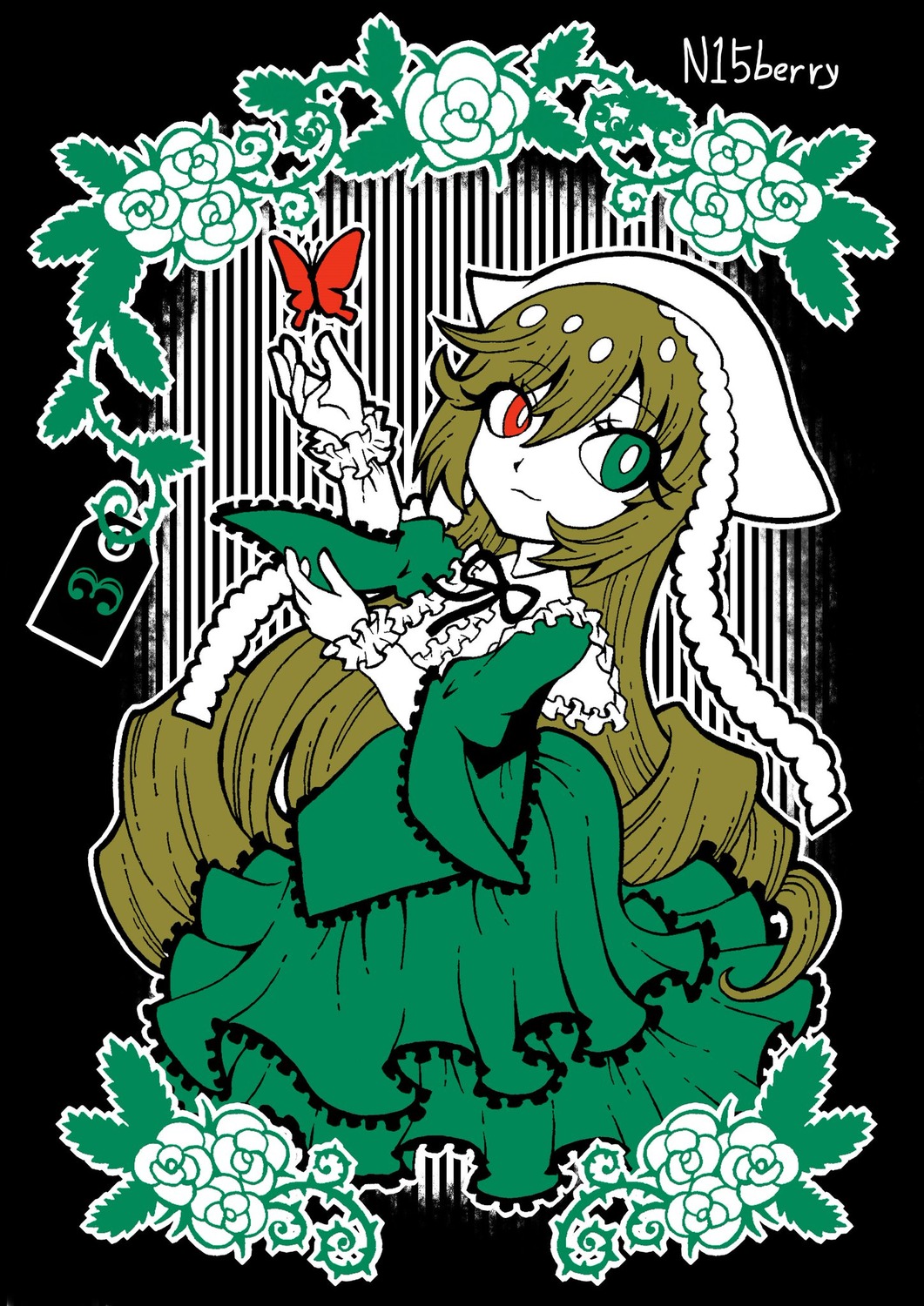 1girl bug butterfly dress flower frills green_dress heterochromia image insect long_hair long_sleeves red_eyes rose solo suiseiseki transparent_background very_long_hair vines