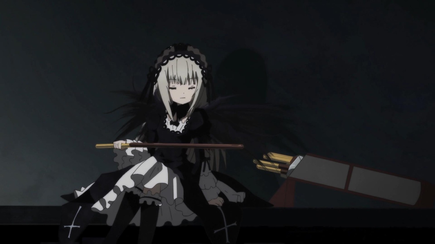 1girl black_dress black_legwear closed_eyes closed_mouth cross dress frills gothic_lolita gun hairband holding holding_weapon image lolita_fashion long_hair long_sleeves ribbon rifle silver_hair sitting solo suigintou thighhighs weapon