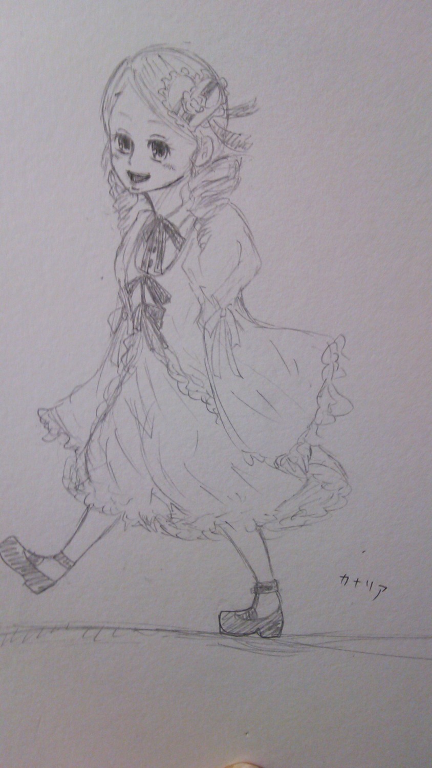 1girl :d dress drill_hair full_body greyscale image kanaria long_sleeves looking_at_viewer monochrome open_mouth puffy_sleeves ribbon shoes sleeves_past_wrists smile solo standing traditional_media wide_sleeves