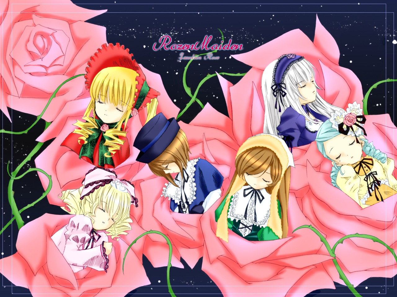 6+girls blonde_hair bonnet bow brown_hair closed_eyes dress flower green_dress hat hina_ichigo image kanaria long_hair long_sleeves multiple multiple_girls pink_bow pink_dress red_rose rose shinku short_hair siblings silver_hair sisters sleeping souseiseki star_(sky) starry_sky suigintou suiseiseki tagme twins very_long_hair wings