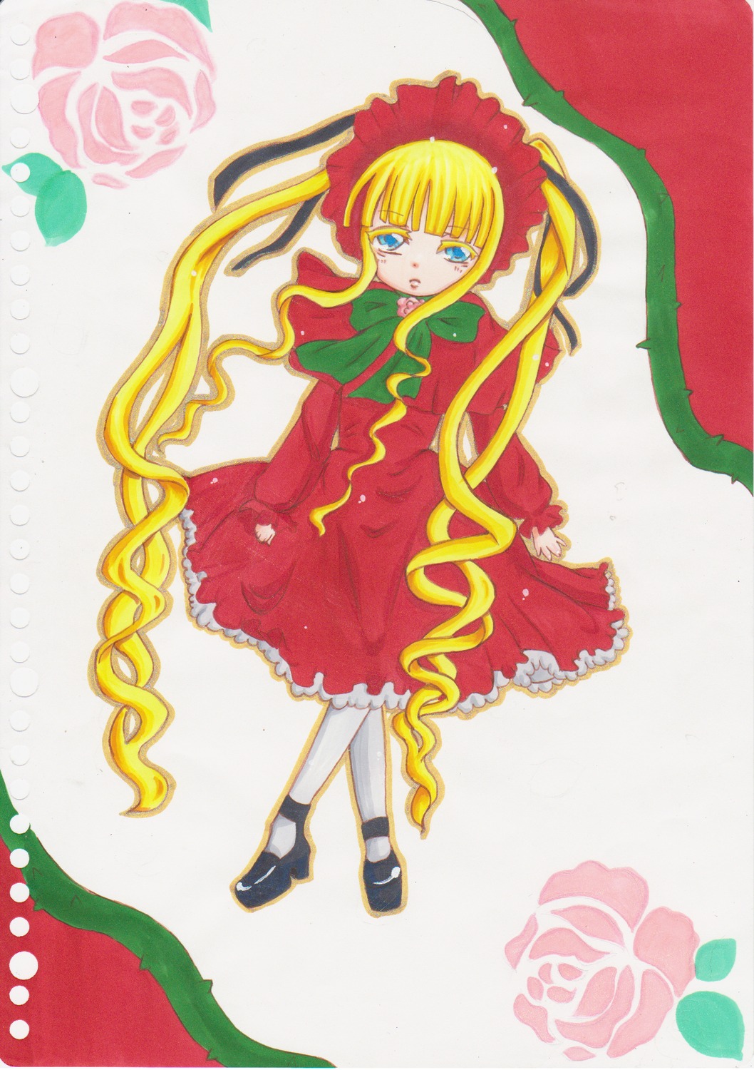 1girl blonde_hair blue_eyes bonnet bow bowtie dress flower full_body green_bow image long_hair long_sleeves looking_at_viewer pantyhose pink_rose red_dress red_flower rose shinku shoes solo standing twintails white_legwear