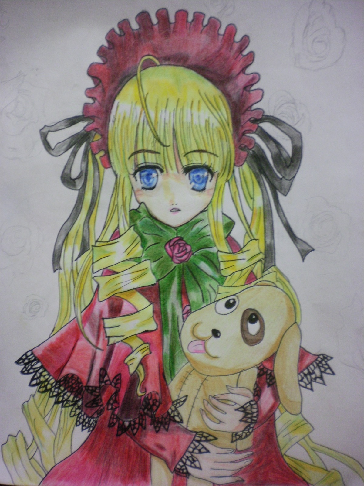 1girl blonde_hair blue_eyes bonnet bow dress drill_hair flower green_bow holding image long_hair long_sleeves looking_at_viewer marker_(medium) pink_rose red_capelet red_dress rose shinku simple_background solo traditional_media twin_drills upper_body