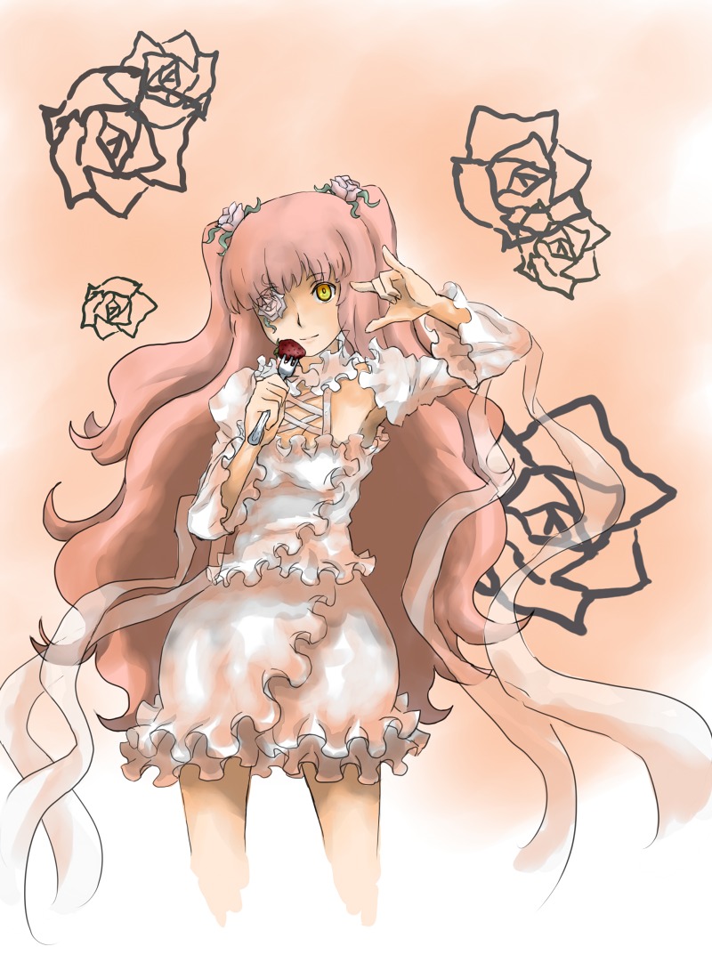 1girl dress eyepatch flower frills image kirakishou long_hair long_sleeves pink_hair rose smile solo thorns very_long_hair white_dress white_flower white_rose yellow_eyes