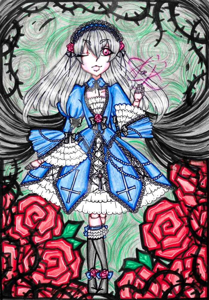 1girl bow dress flower frills gothic_lolita hairband image kneehighs lolita_fashion lolita_hairband long_hair one_eye_closed rose smile solo suigintou traditional_media very_long_hair watercolor_(medium) wings