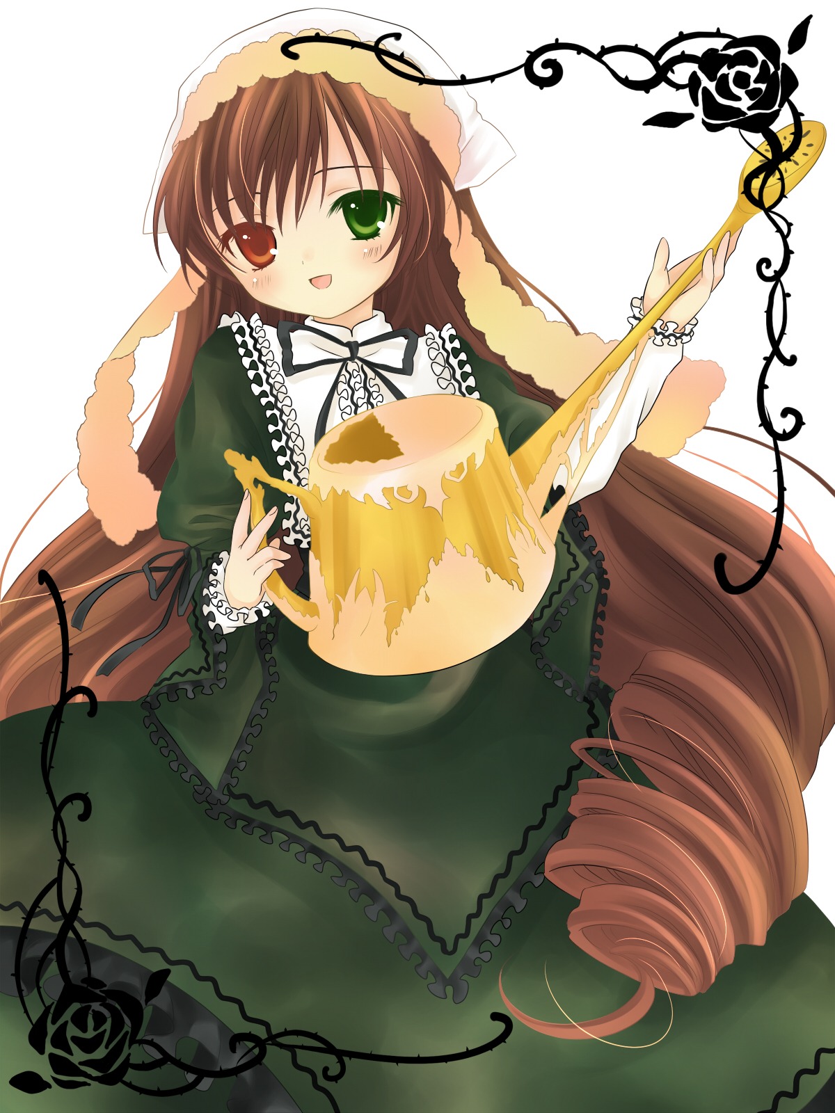 1girl :d bad_id bad_pixiv_id brown_hair dress drill_hair flower frills green_dress green_eyes hanabana_tsubomi heterochromia highres image long_hair long_sleeves looking_at_viewer open_mouth red_eyes rose rozen_maiden smile solo suiseiseki twin_drills twintails very_long_hair watering_can