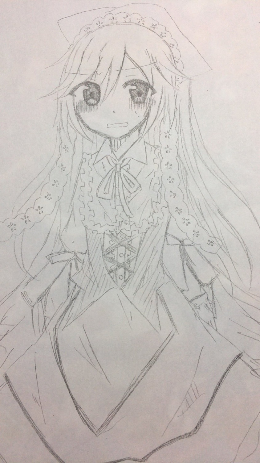 1girl crying dress greyscale image long_hair maid_headdress monochrome solo suiseiseki tears traditional_media