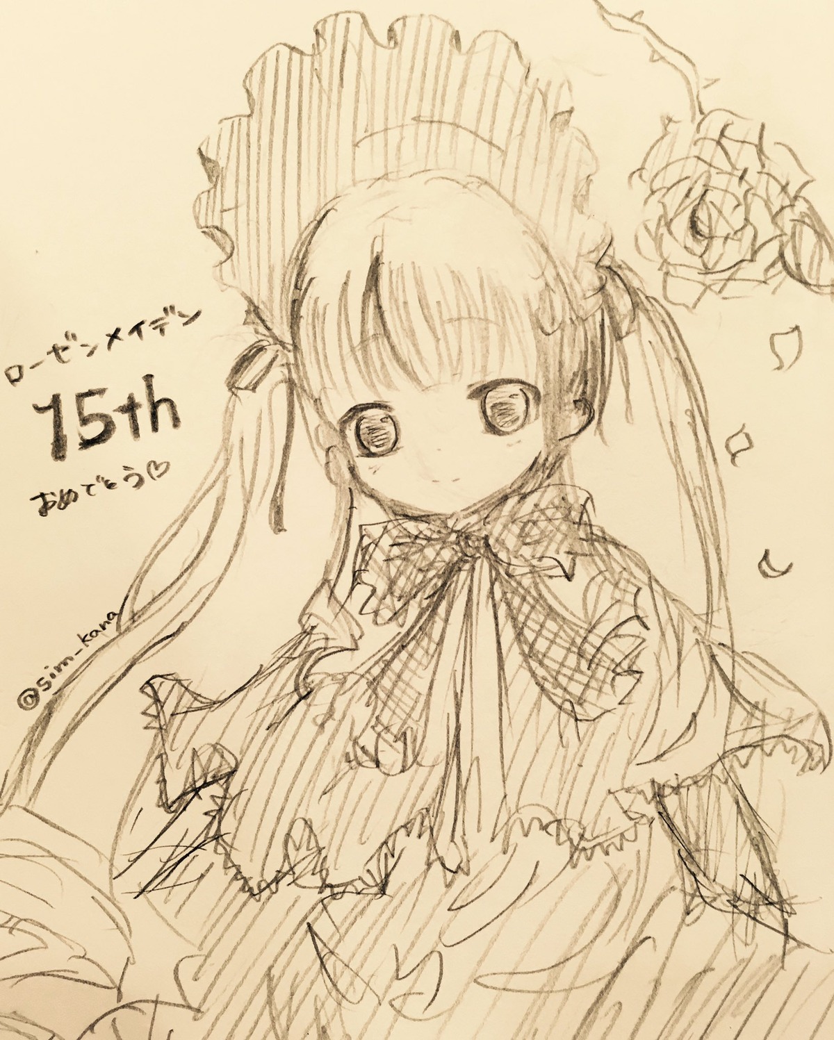 1girl blush bonnet dress flower frills image long_hair long_sleeves looking_at_viewer monochrome rose shinku simple_background sketch smile solo torn_clothes twintails very_long_hair