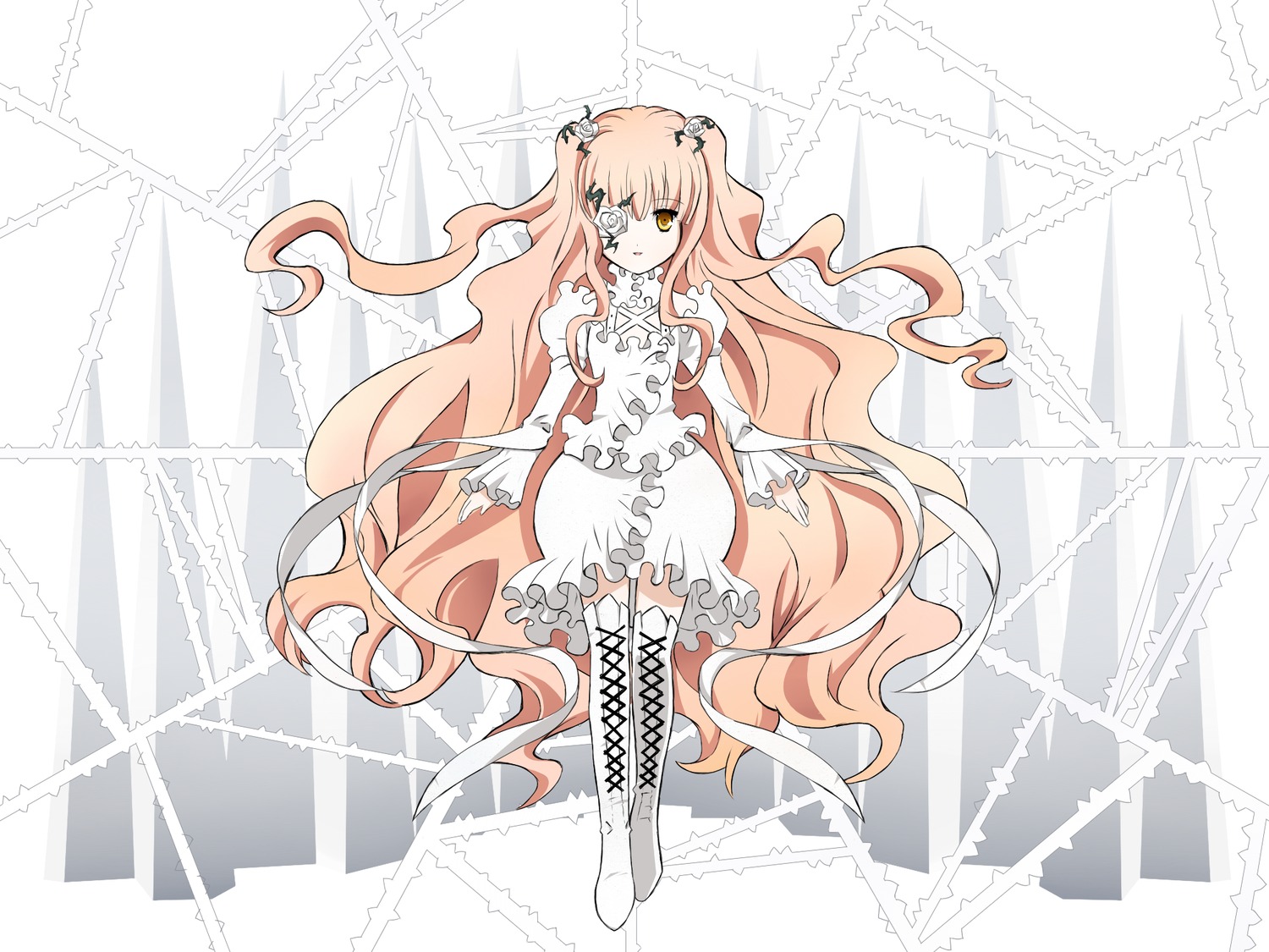 1girl boots cross-laced_footwear dress eyepatch flower frills hair_ornament image kirakishou long_hair personification pink_hair solo two_side_up ultimate_madoka very_long_hair wavy_hair yellow_eyes