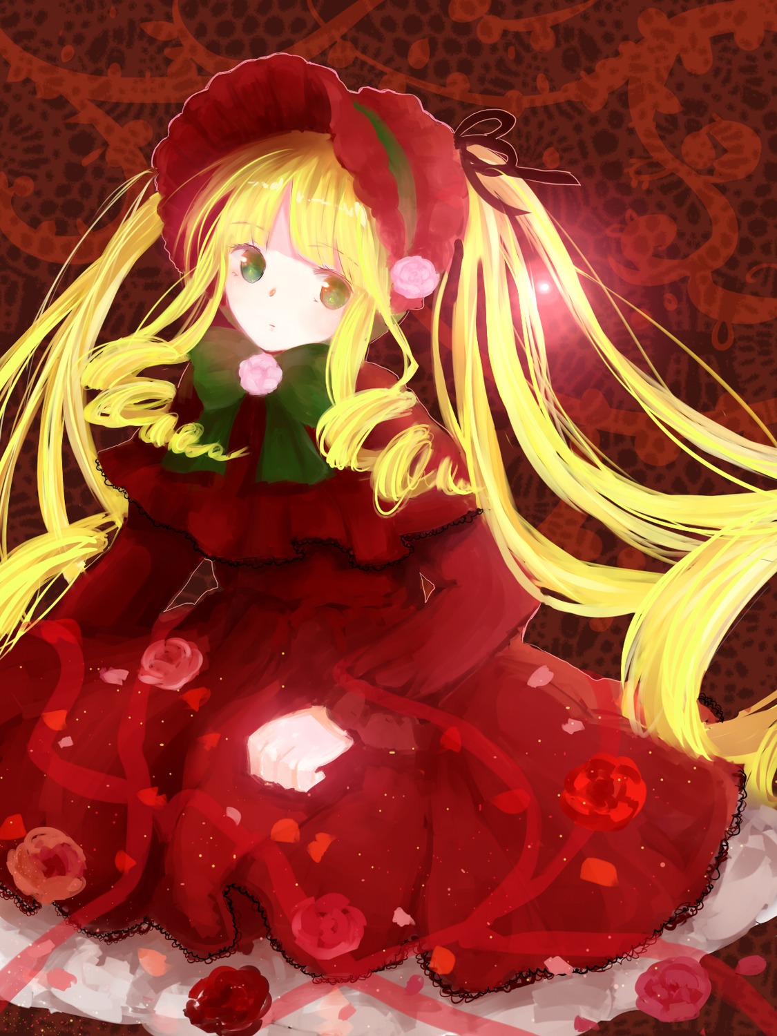 1girl blonde_hair bow dress flower image long_hair long_sleeves looking_at_viewer petals red_dress rose shinku solo twintails very_long_hair
