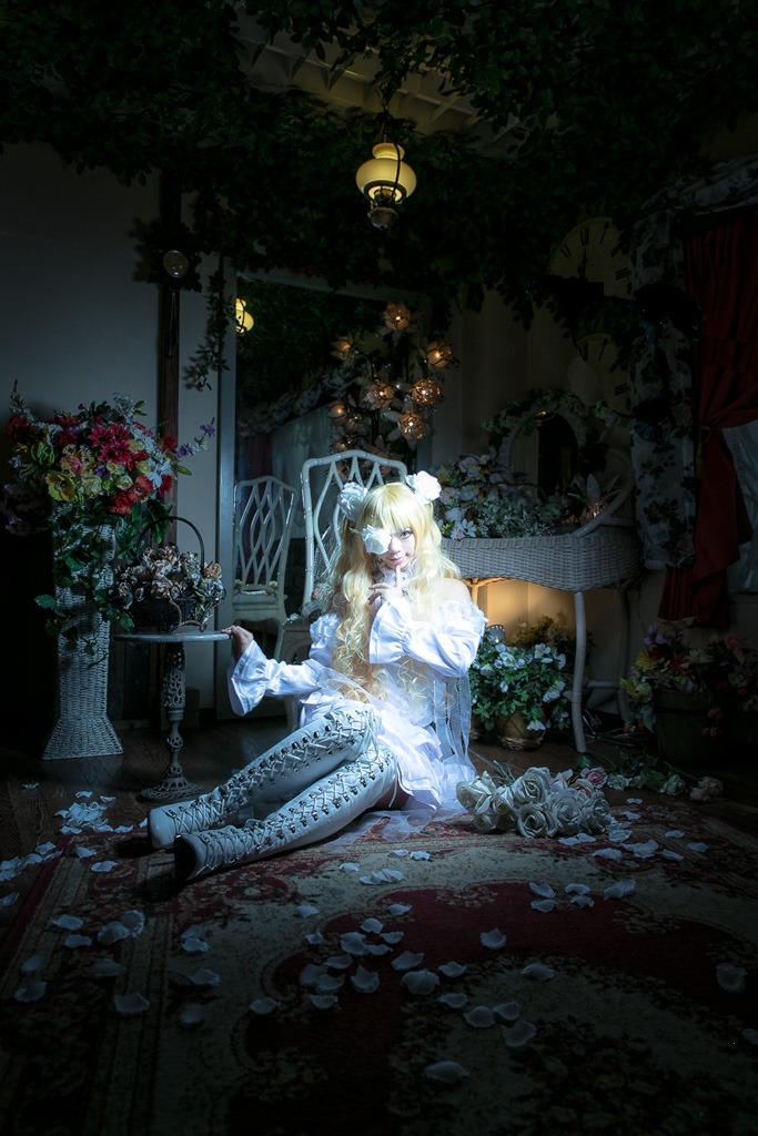 1girl blonde_hair candle dress flower kirakishou long_hair plant rose sitting solo white_dress