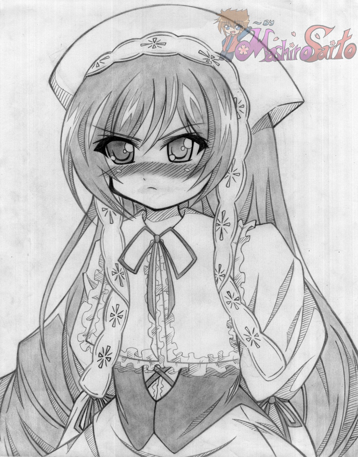 1girl blush dress frills greyscale image long_hair long_sleeves looking_at_viewer monochrome ribbon solo suiseiseki upper_body very_long_hair