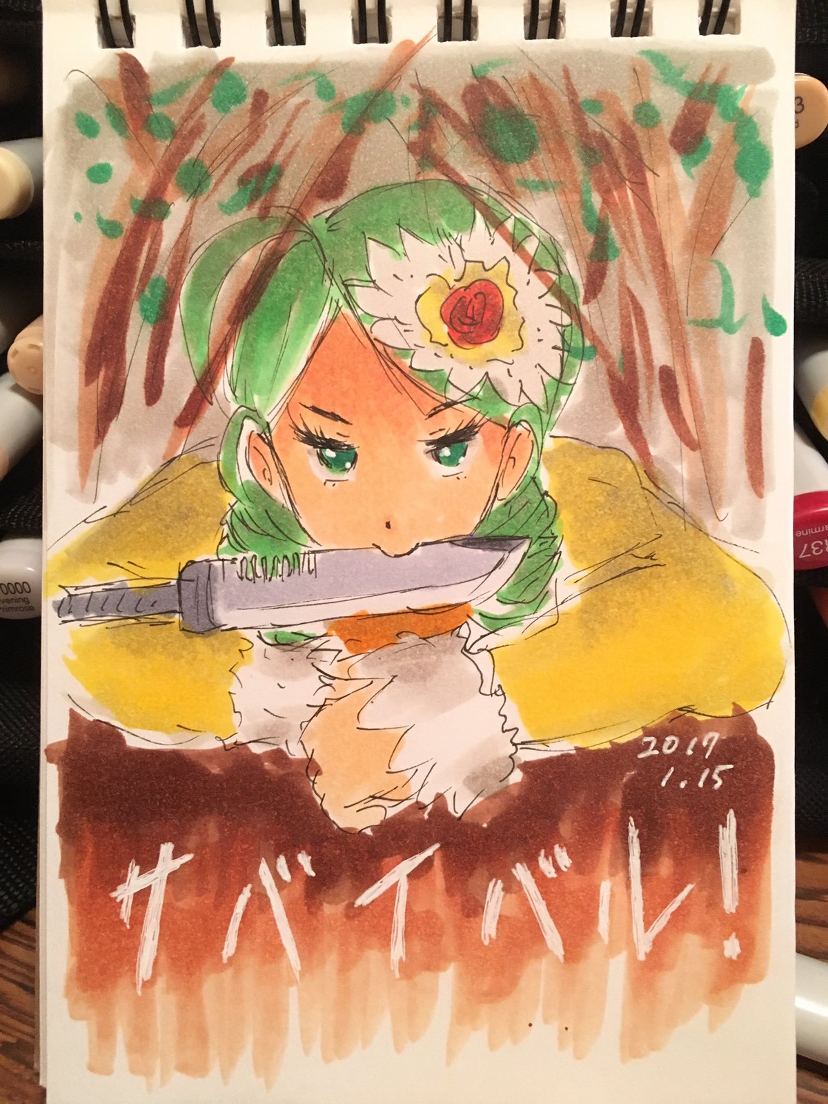 1girl flower green_eyes green_hair hair_flower hair_ornament holding holding_weapon image kanaria photo short_hair solo sword traditional_media weapon