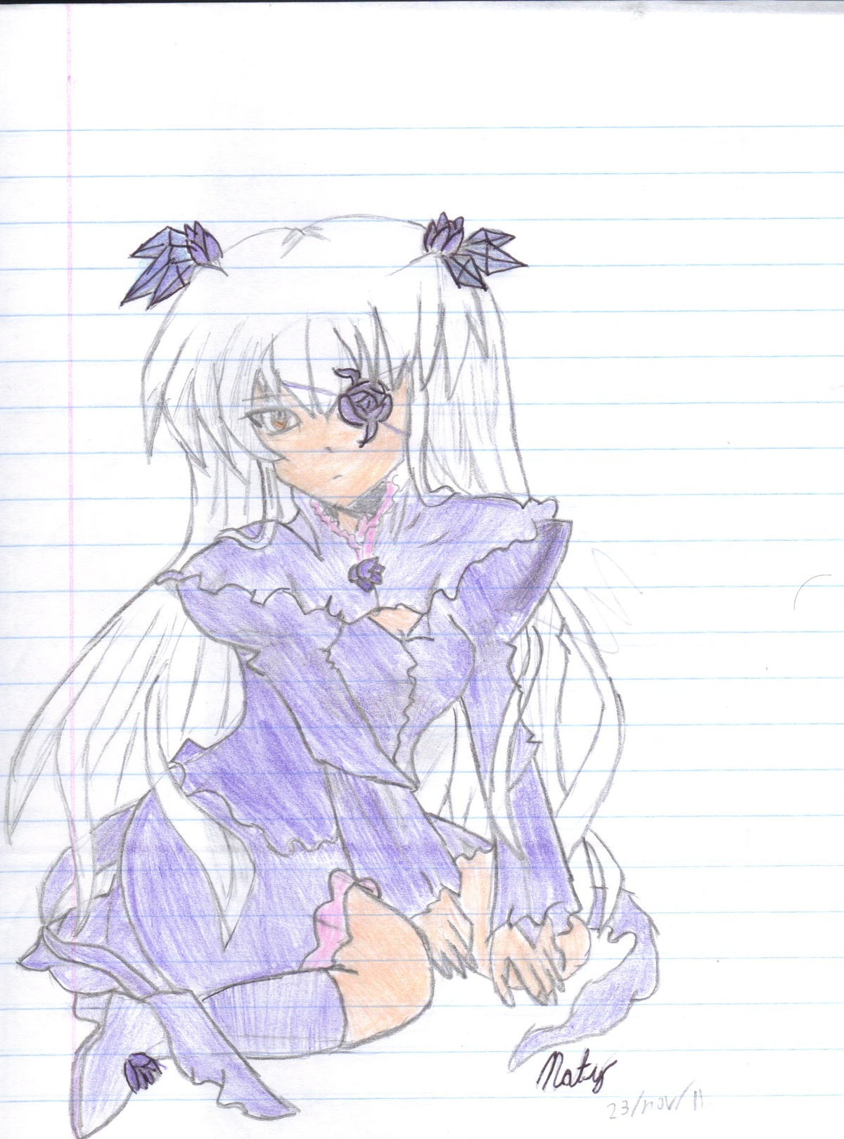 1girl barasuishou dress eyepatch frills full_body image kneehighs long_hair long_sleeves looking_at_viewer puffy_sleeves sitting solo suigintou wings