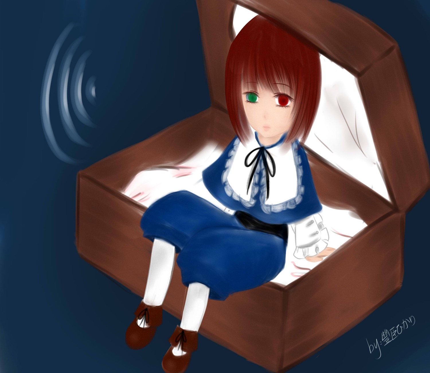 1girl blue_dress box cardboard_box dress full_body green_eyes heterochromia image in_box in_container long_sleeves looking_at_viewer pantyhose red_eyes short_hair sitting solo souseiseki white_legwear