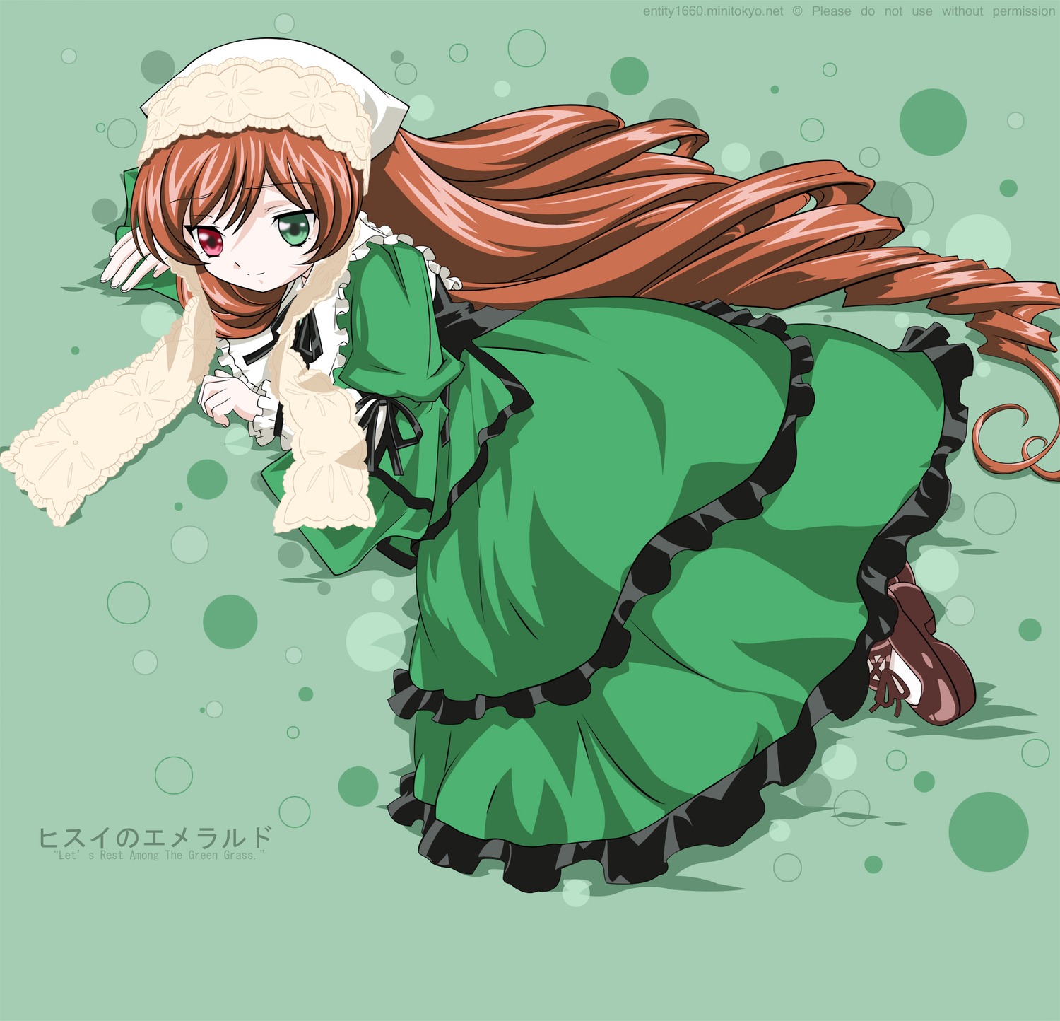 1girl brown_hair dress drill_hair frills full_body green_dress green_eyes hat head_scarf heterochromia image long_hair long_sleeves looking_at_viewer pantyhose polka_dot polka_dot_background red_eyes solo standing suiseiseki twin_drills very_long_hair