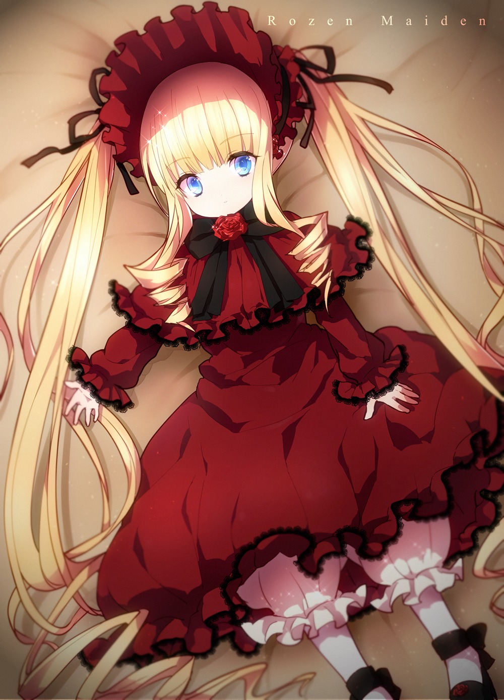 1girl bad_id bad_pixiv_id blonde_hair bloomers blue_eyes blush bonnet bow dress drill_hair flower highres image long_hair long_sleeves looking_at_viewer lying mary_janes on_back pantyhose ribbon rose rozen_maiden shinku shoes solo twintails underwear very_long_hair white_legwear yamaki_suzume