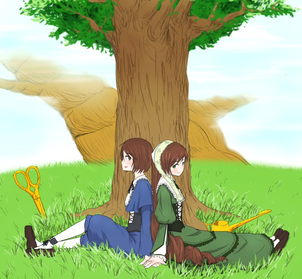 2girls back-to-back brown_hair day dress grass green_eyes image long_hair long_sleeves multiple_girls on_ground outdoors pair siblings sisters sitting sky souseiseki suiseiseki tree twins very_long_hair