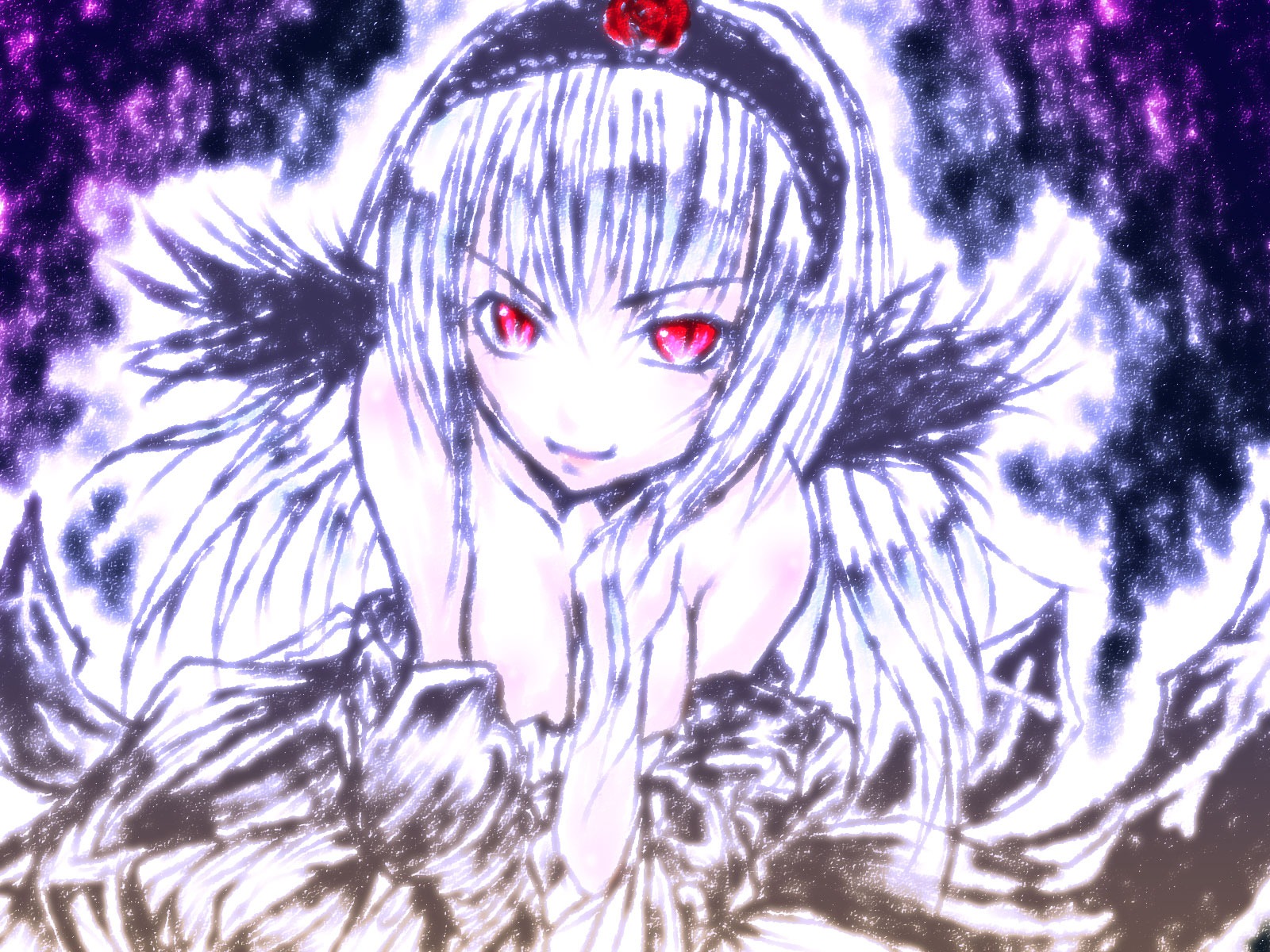 1girl akemi_homura akuma_homura bare_shoulders black_gloves black_wings dress elbow_gloves feathered_wings flower gloves hairband image long_hair looking_at_viewer red_eyes smile solo star_(sky) starry_sky suigintou wings