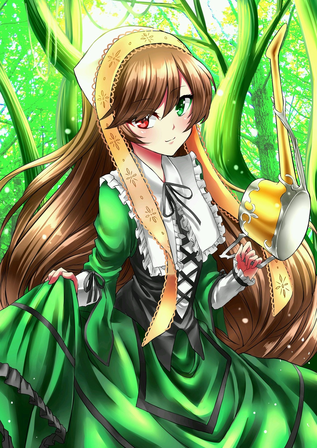 1girl black_ribbon blush brown_hair dress frills green_dress green_eyes head_scarf heterochromia holding image long_hair long_sleeves looking_at_viewer red_eyes smile solo suiseiseki very_long_hair watering_can