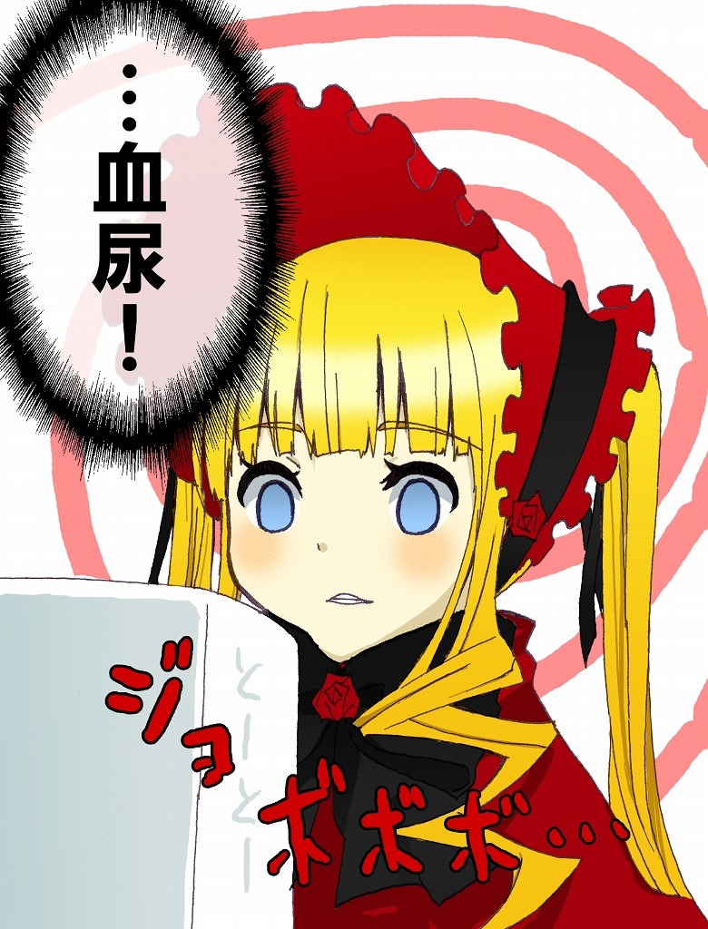 1girl auto_tagged bangs blonde_hair blue_eyes blush bonnet bow dress eyebrows_visible_through_hair flower image long_hair long_sleeves red_flower rose shinku solo twintails