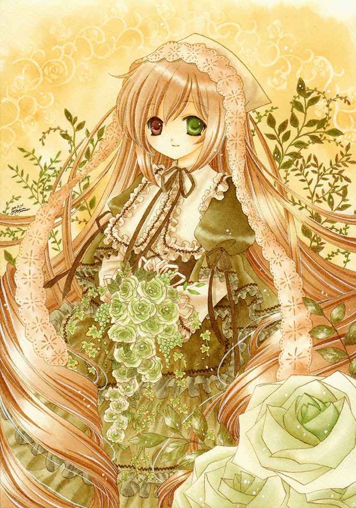 1girl asapon bouquet bow brown_hair commentary_request dress flower frills green_eyes green_flower green_rose hairband heterochromia holding image lace lolita_fashion long_hair long_sleeves looking_at_viewer ribbon rose rozen_maiden smile solo standing suiseiseki traditional_media very_long_hair watering_can yellow_flower