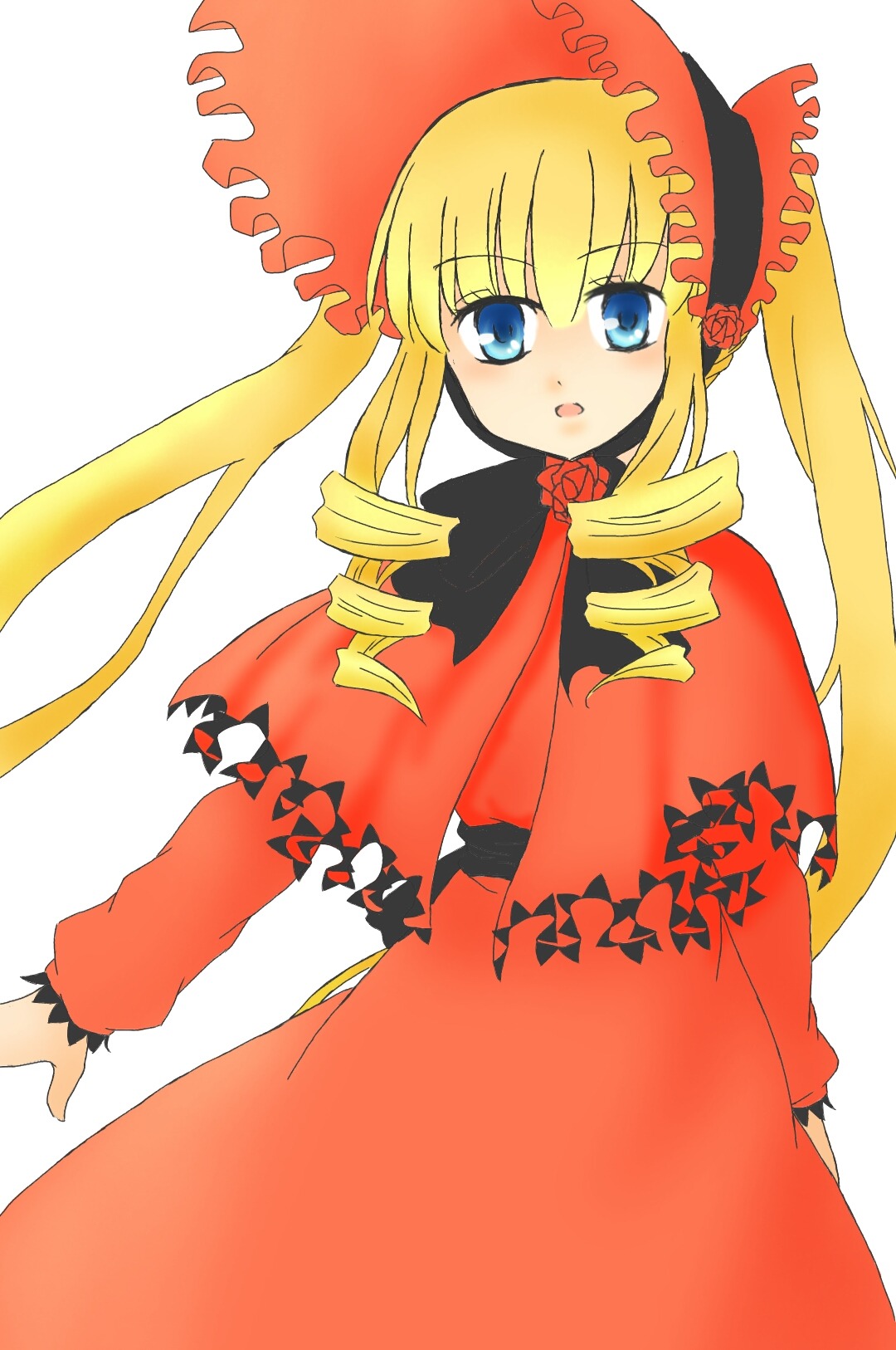1girl :o blonde_hair blue_eyes blush bonnet bow dress drill_hair image long_hair long_sleeves looking_at_viewer open_mouth red_dress shinku simple_background solo twin_drills twintails white_background