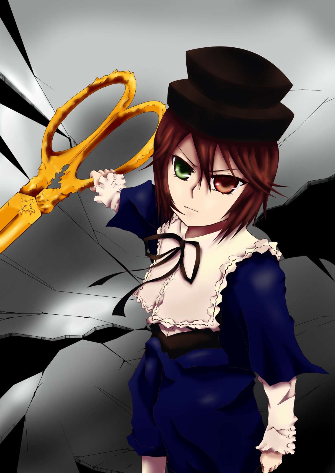 1girl brown_hair dress expressionless frills green_eyes hat heterochromia image long_sleeves looking_at_viewer red_eyes ribbon short_hair solo souseiseki top_hat weapon