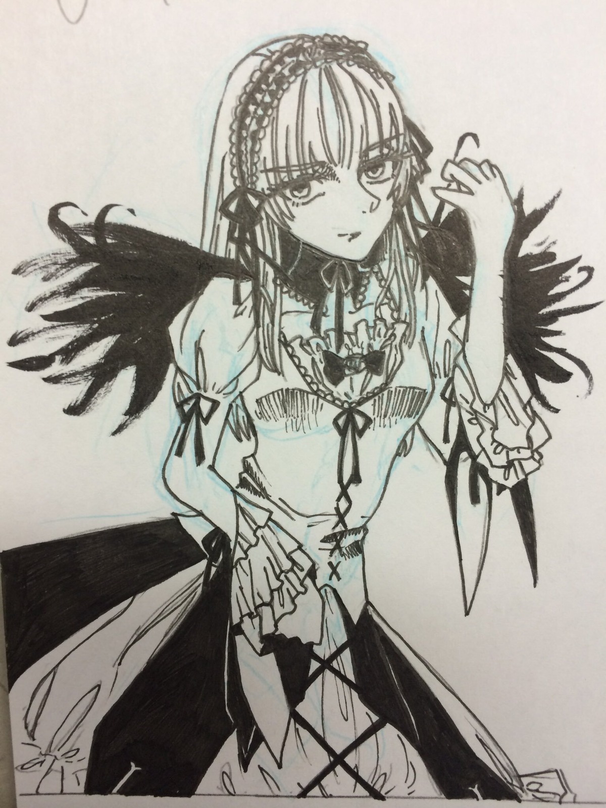 1girl black_wings dress frills greyscale hairband image long_hair long_sleeves looking_at_viewer monochrome solo suigintou traditional_media wings