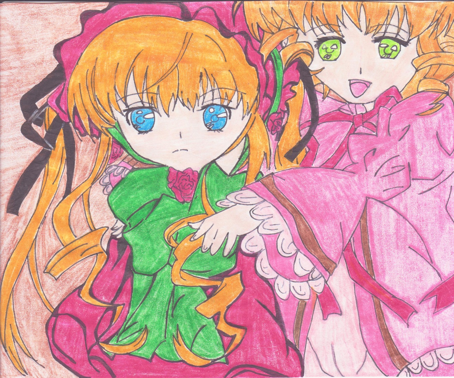 2girls :d auto_tagged blue_eyes bow dress flower green_eyes hinaichigo image long_hair long_sleeves marker_(medium) multiple_girls open_mouth orange_hair pair ribbon rose shikishi shinku traditional_media twintails