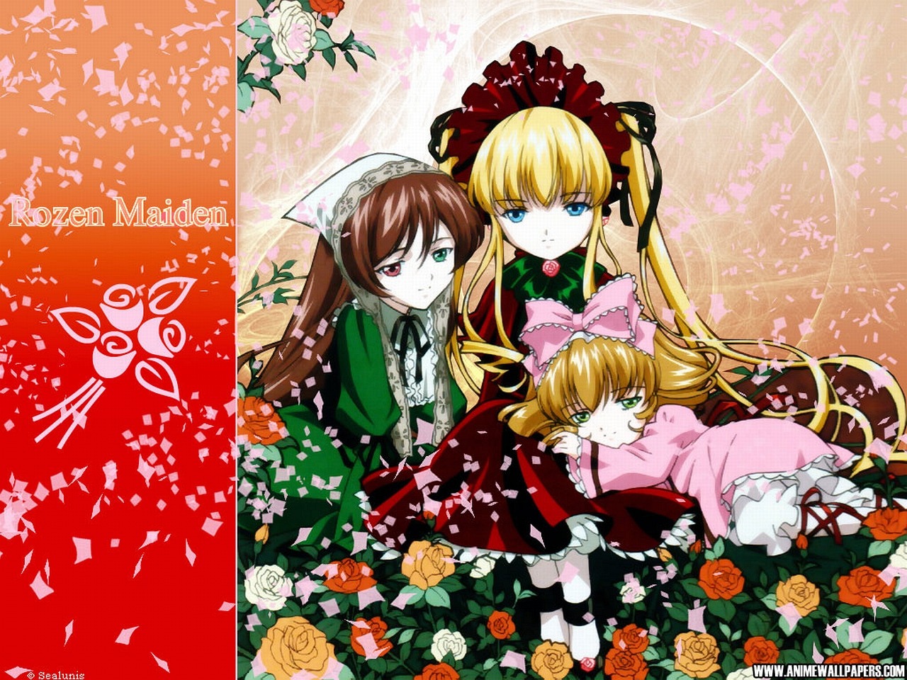 3girls blonde_hair blue_eyes bow bowtie brown_hair dress drill_hair flower frills green_dress hat image long_hair long_sleeves looking_at_viewer multiple multiple_girls pink_bow pink_rose red_dress red_eyes red_rose rose shinku suiseiseki tagme twintails very_long_hair yellow_flower