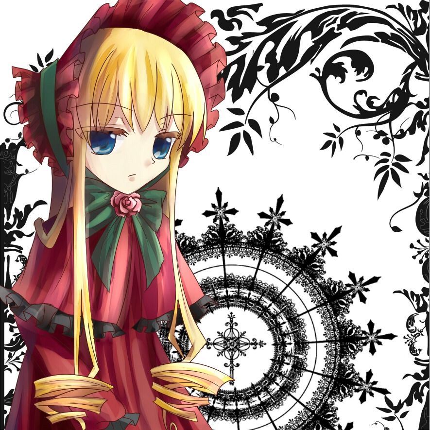 1girl blonde_hair blue_eyes bonnet bow bowtie dress drill_hair flower green_bow image long_hair long_sleeves looking_at_viewer pink_rose red_dress rose shinku solo twin_drills twintails