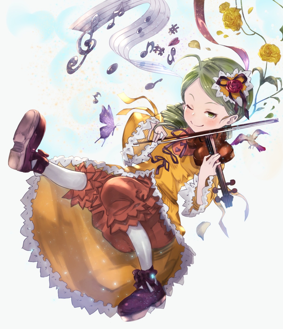 1girl ;) >:) acoustic_guitar ahoge bangs beamed_eighth_notes beamed_sixteenth_notes bloomers blush bow_(instrument) brown_footwear bug butterfly closed_mouth commentary dress drill_hair eighth_note electric_guitar flower full_body green_eyes green_hair guitar hair_flower hair_ornament highres holding holding_instrument image insect instrument kanaria long_hair momomo_(user_xnfy4284) music musical_note one_eye_closed orange_pants pants pantyhose petals platform_footwear playing_instrument quarter_note red_flower red_rose ribbon rose rozen_maiden sharp_sign shoes smile solo staff_(music) striped swept_bangs treble_clef twin_drills v-shaped_eyebrows vertical_stripes violin yellow_dress yellow_flower yellow_rose