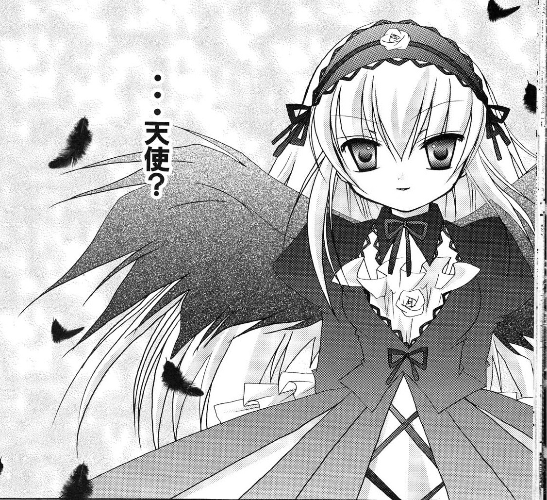 1girl bug butterfly dress feathers flower frills greyscale hairband image insect lolita_hairband long_hair long_sleeves looking_at_viewer monochrome ribbon rose smile solo suigintou upper_body very_long_hair wings